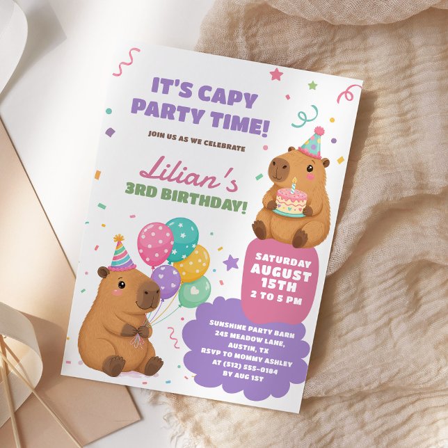 Invitation Fête d'anniversaire adorable capybara pastel (Créateur téléchargé)