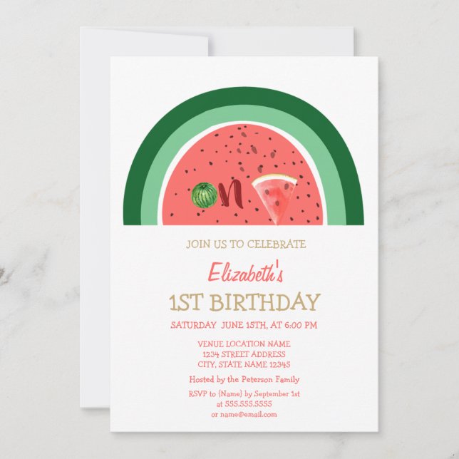 Invitation Fête d'anniversaire adorable de 1 an avec pastèque (Devant)
