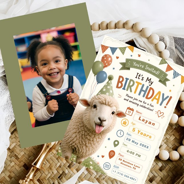 Invitation Fête d'anniversaire adorable mouton (Créateur téléchargé)