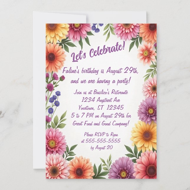 Invitation Fête d'anniversaire adulte de bordure de fleurs d' (Devant)