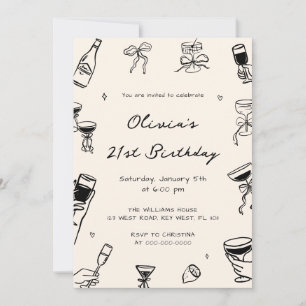 Invitation Fête d'anniversaire adulte dessinée à la main noir