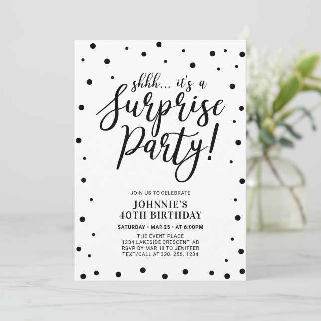 Invitation Fête d'anniversaire adulte surprise Noir & Blanc (Debout devant)