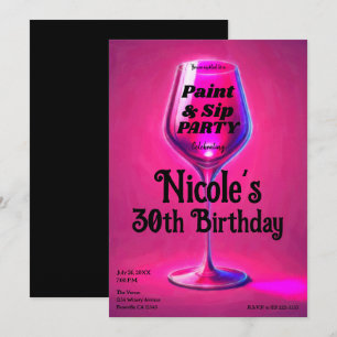 Invitation Fête d'anniversaire adulte Verre à vin rose Peintu