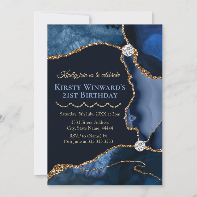 Invitation Fête d'anniversaire agate bleu marine et or paille (Devant)