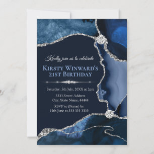 Invitation Fête d'anniversaire agate bleu marine et paillette