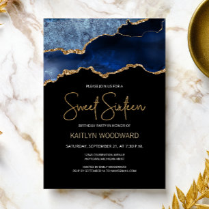 Invitation Fête d'anniversaire Agate Bleu Or Dark Sweet 16