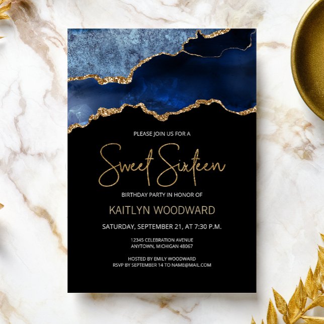 Invitation Fête d'anniversaire Agate Bleu Or Dark Sweet 16 (Créateur téléchargé)