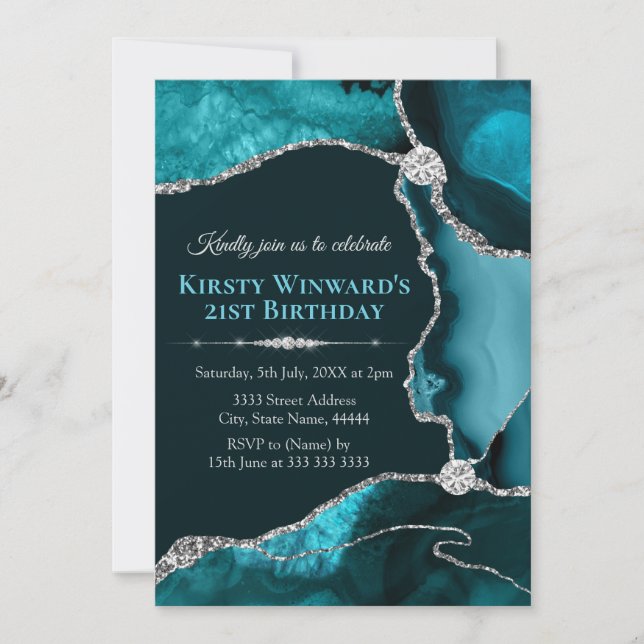 Invitation Fête d'anniversaire agate bleu sarcelle et paillet (Devant)