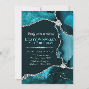 Invitation Fête d'anniversaire agate bleu sarcelle et paillet