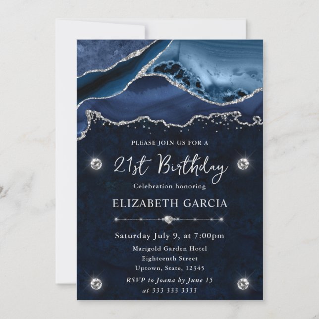 Invitation Fête d'anniversaire Agate Pailletée Bleu Argenté (Devant)