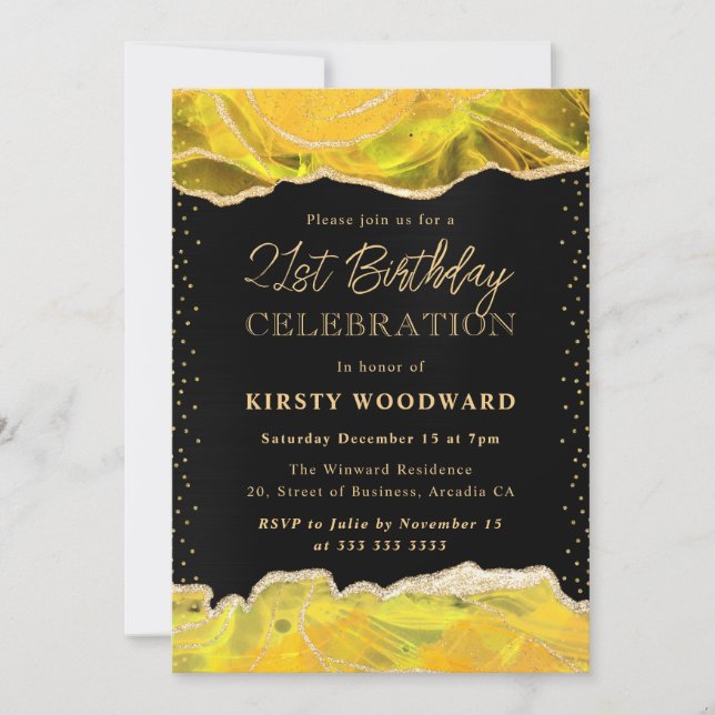 Invitation Fête d'anniversaire agate pailletée jaune et or (Devant)