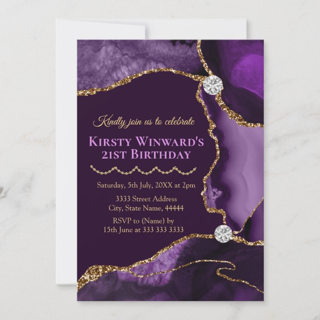 Invitation Fête d'anniversaire agate pailletée violette et or (Devant)