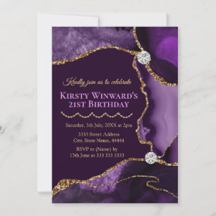 Invitation Fête d'anniversaire agate pailletée violette et or