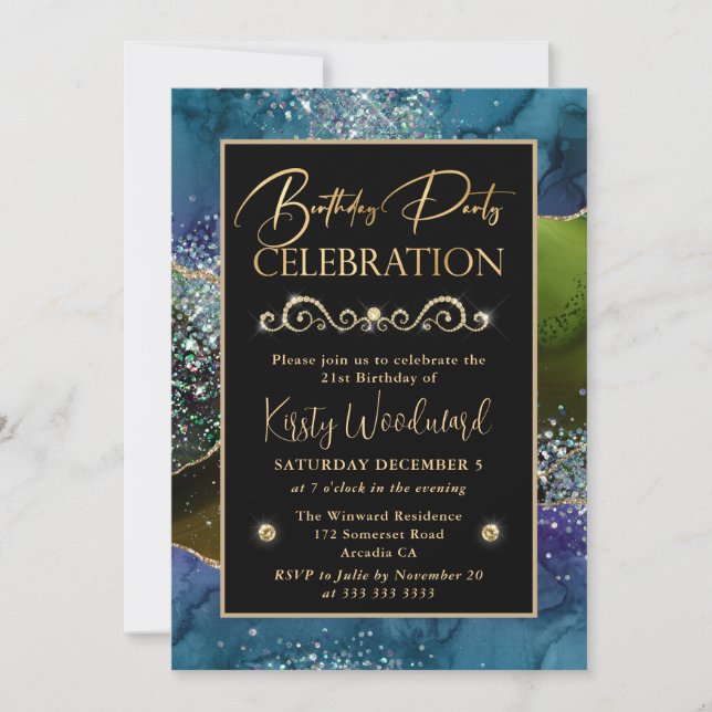 Invitation Fête d'anniversaire agate paillettes bleu & vert & (Devant)