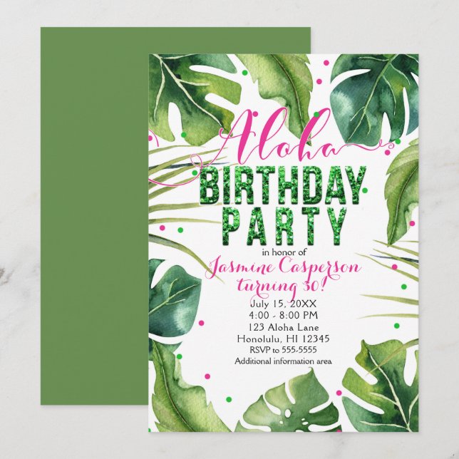 Invitation FÊTE D'ANNIVERSAIRE ALOHA Feuilles Tropicales Rose (Devant / Derrière)