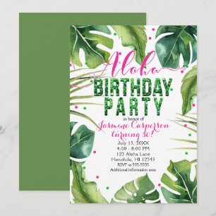 Invitation FETE D'ANNIVERSAIRE ALOHA Feuilles Tropicales Vert