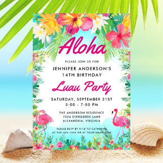Invitation Fête d'anniversaire Aloha Tropical Flamingo Luau