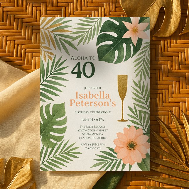 Invitation Fête d'anniversaire Aloha verte et dorée tropicale (Tropical Green and Gold Aloha Birthday Party Invitation
)