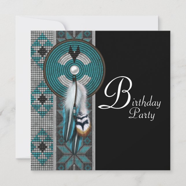 Invitation Fête d'anniversaire amérindienne Turquoise Bleu (Devant)