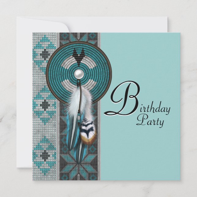 Invitation Fête d'anniversaire amérindienne Turquoise Bleu (Devant)