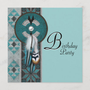 Invitation Fête d'anniversaire amérindienne Turquoise Bleu
