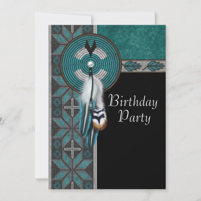 Invitation Fête d'anniversaire amérindienne Turquoise Bleu (Devant)