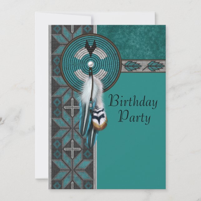Invitation Fête d'anniversaire amérindienne Turquoise Bleu (Devant)