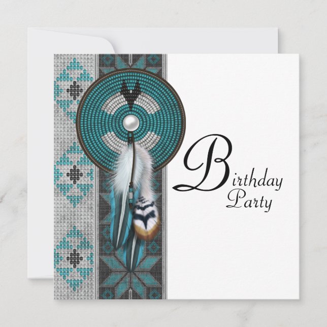Invitation Fête d'anniversaire amérindienne Turquoise Bleu (Devant)