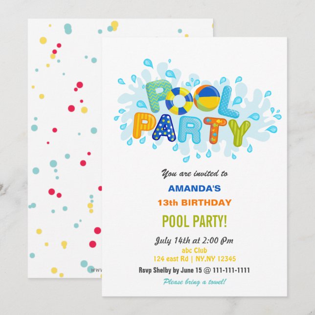 Invitation Fête d'anniversaire amusante de piscine d'été  (Devant / Derrière)