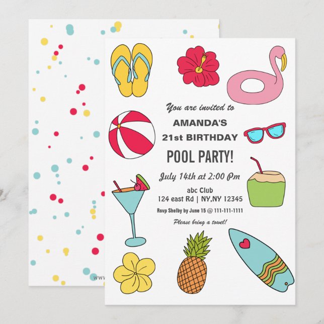 Invitation Fête d'anniversaire amusante de piscine d'été  (Devant / Derrière)