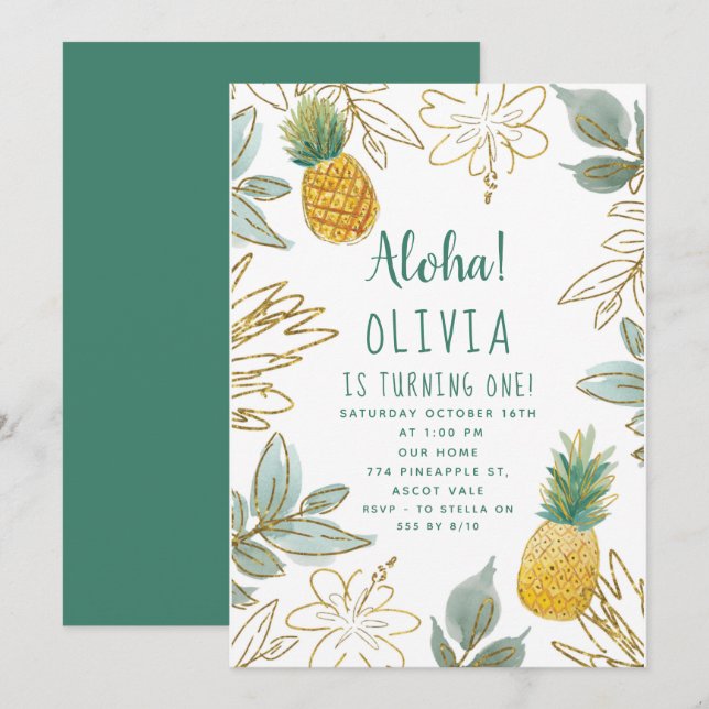 Invitation Fête d'anniversaire Ananas Paillettes Dorées (Devant / Derrière)