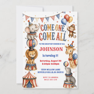 Invitation Fête d'anniversaire Animaux de Cirque à l'aquarell