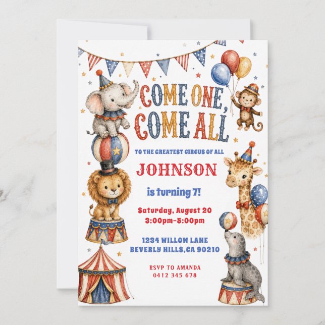 Invitation Fête d'anniversaire Animaux de Cirque à l'aquarell (Devant)