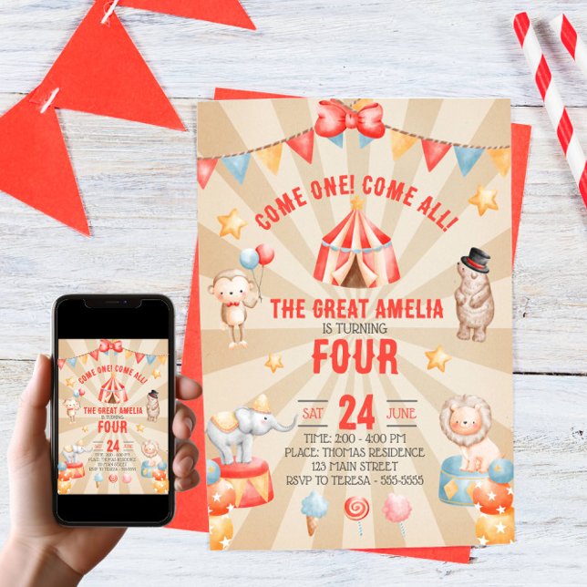 Invitation Fête d'anniversaire Animaux de Cirque Aquarelle  (Circus Birthday Party Invitation. Lions Elephants Bears Watercolor )