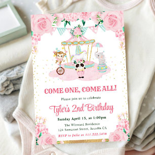 Invitation Fête d'anniversaire Animaux Fleurs Roses Aquarelle