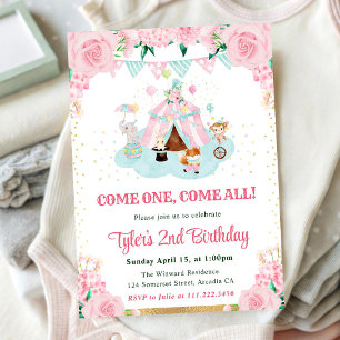 Invitation Fête d'anniversaire Animaux Fleurs Roses Aquarelle