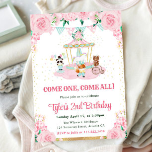 Invitation Fête d'anniversaire Animaux Fleurs Roses Aquarelle