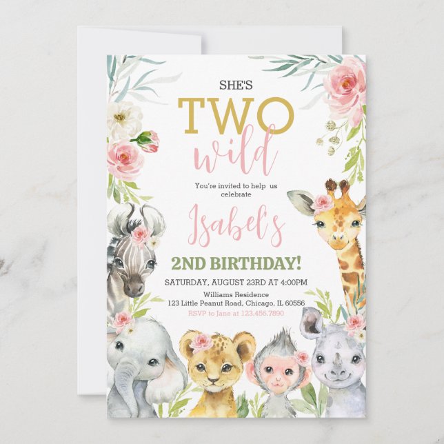 Invitation Fête d'anniversaire Animaux Safari Floral (Devant)
