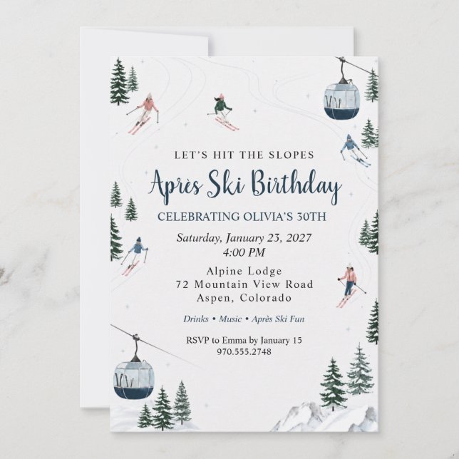 Invitation Fête d'anniversaire Après Ski aquarelle Station de (Devant)