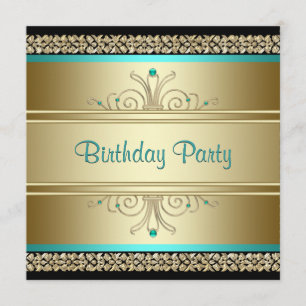 Invitation Fête d'anniversaire Aqua Bleu Sarcelle et Or