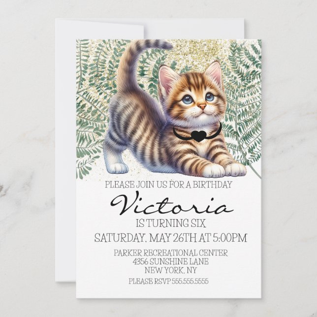 Invitation Fête d'anniversaire aquarelle de chaton mignon ave (Devant)