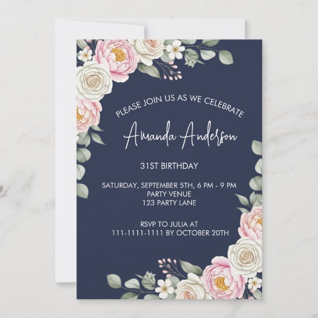 Invitation Fête d'anniversaire aquarelle élégante aux fleurs  (Devant)