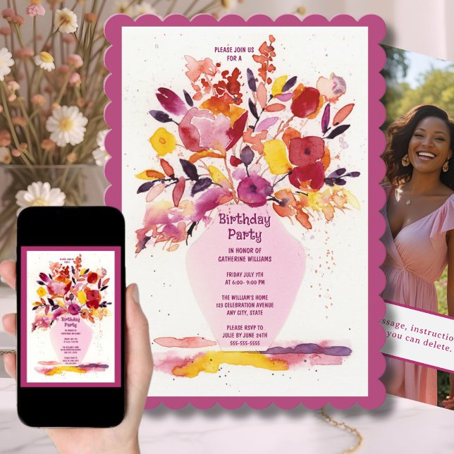 Invitation fête d'anniversaire Aquarelle Fleurs Va (Créateur téléchargé)