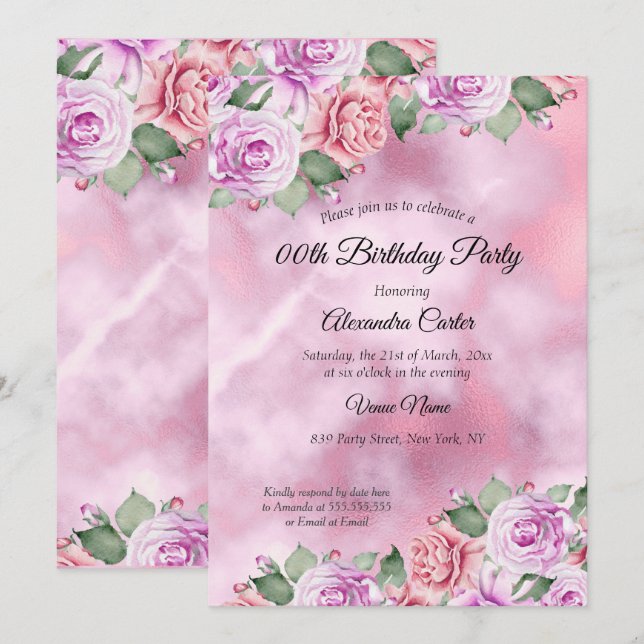 Invitation Fête d'anniversaire aquarelle florale rose violet (Devant / Derrière)