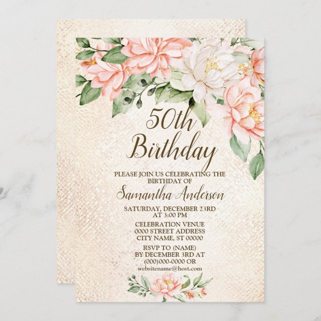 Invitation Fête d'anniversaire Aquarelle Pêche Fleurs blanche (Devant / Derrière)