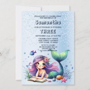 Invitation Fête d'anniversaire aquarelle Sirène Mer Vie migno