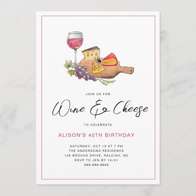 Invitation Fête d'anniversaire aquarelle Vin & Fromage (Devant)
