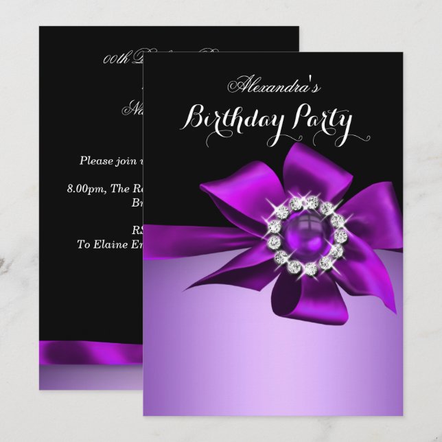 Invitation Fête d'anniversaire Arc Bow Diamant Perle Violet (Devant / Derrière)