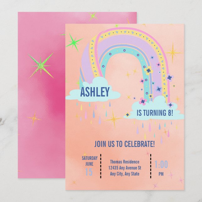 Invitation Fête d'anniversaire arc-en-ciel (Devant / Derrière)