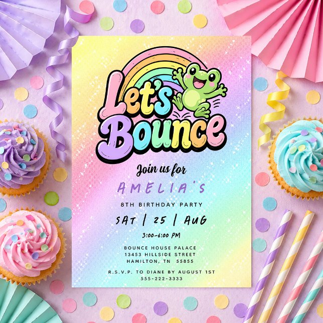 Invitation Fête d'anniversaire arc-en-ciel grenouille sautons (Let's Bounce Frog Rainbow Birthday Party Invitation)